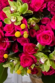 Amore Roses arrangement with red and pink Ecuadorian roses, spray roses, and orchids in a golden pedestal container, 40-inch round, elegant and romantic.